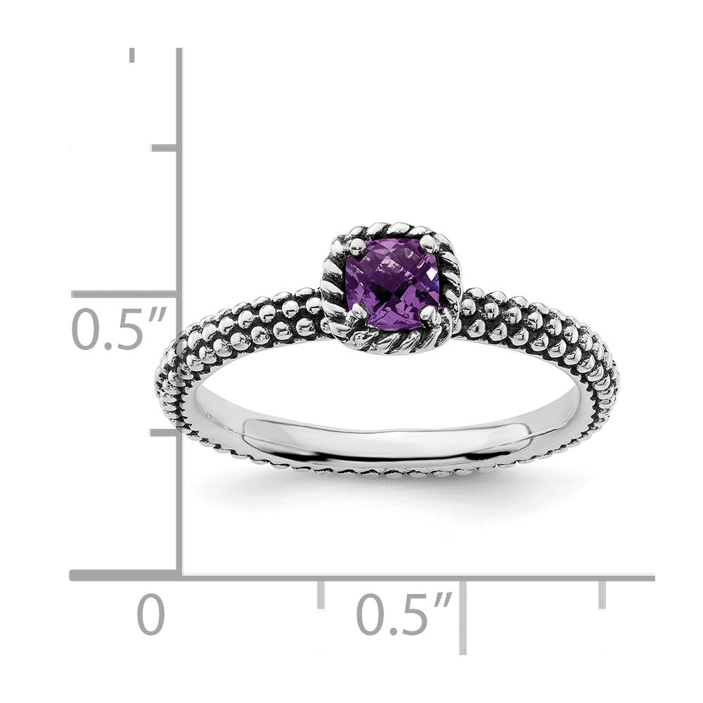 Sterling Silver Stackable Expressions Checker Cut Amethyst Antiqued Ring