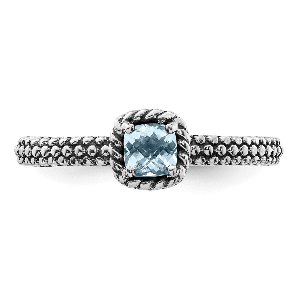 Sterling Silver Stackable Expressions Checker Cut Aquamarine Antiqued Ring