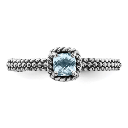 Sterling Silver Stackable Expressions Checker Cut Aquamarine Antiqued Ring