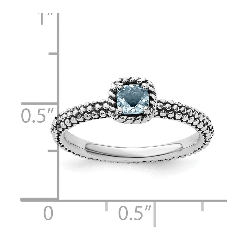 Sterling Silver Stackable Expressions Checker Cut Aquamarine Antiqued Ring