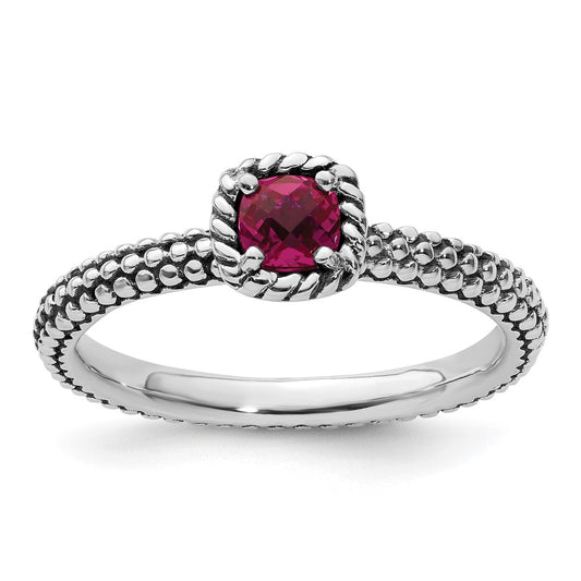 Sterling Silver Stackable Expressions Checker Cut Cr Ruby Antiqued Ring