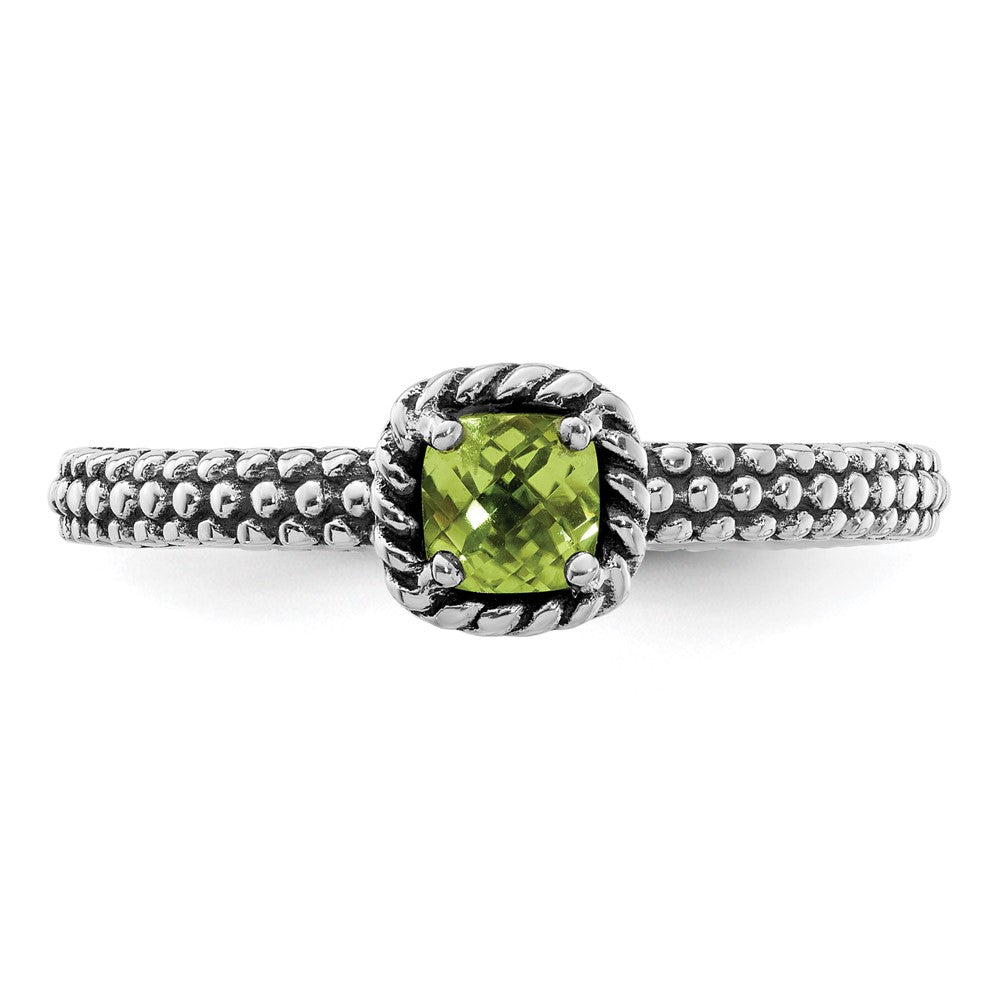 Sterling Silver Stackable Expressions Checker Cut Peridot Antiqued Ring