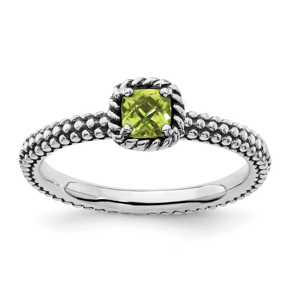 Sterling Silver Stackable Expressions Checker Cut Peridot Antiqued Ring
