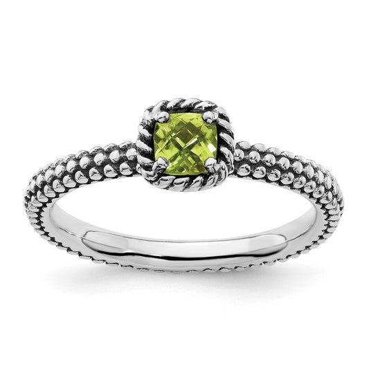 Sterling Silver Stackable Expressions Checker Cut Peridot Antiqued Ring