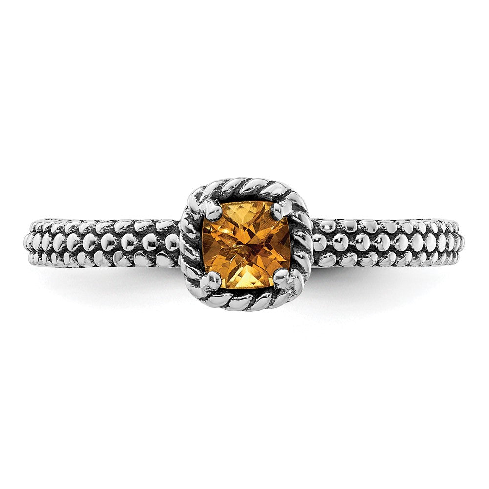 Sterling Silver Stackable Expressions Checker Cut Citrine Antiqued Ring