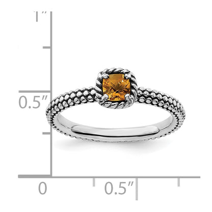 Sterling Silver Stackable Expressions Checker Cut Citrine Antiqued Ring