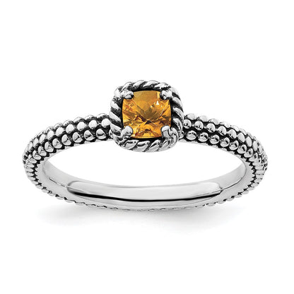 Sterling Silver Stackable Expressions Checker Cut Citrine Antiqued Ring