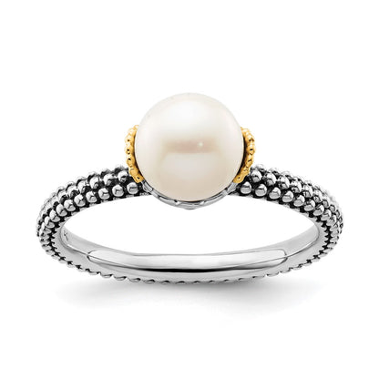 14K/Silver Two Tone Sterling Silver & 14K Stack Exp. 7.0 7.5mm White Fw Cultured Pearl Ring