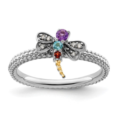 14K/Silver Two Tone Sterling Silver&14K Stackable Expressions Gemstone & Diamond Dragonfly Ring