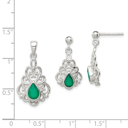 Sterling Silver Polished Green Agate Pendant And Post Earrings Set