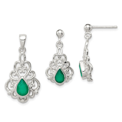Sterling Silver Polished Green Agate Pendant And Post Earrings Set