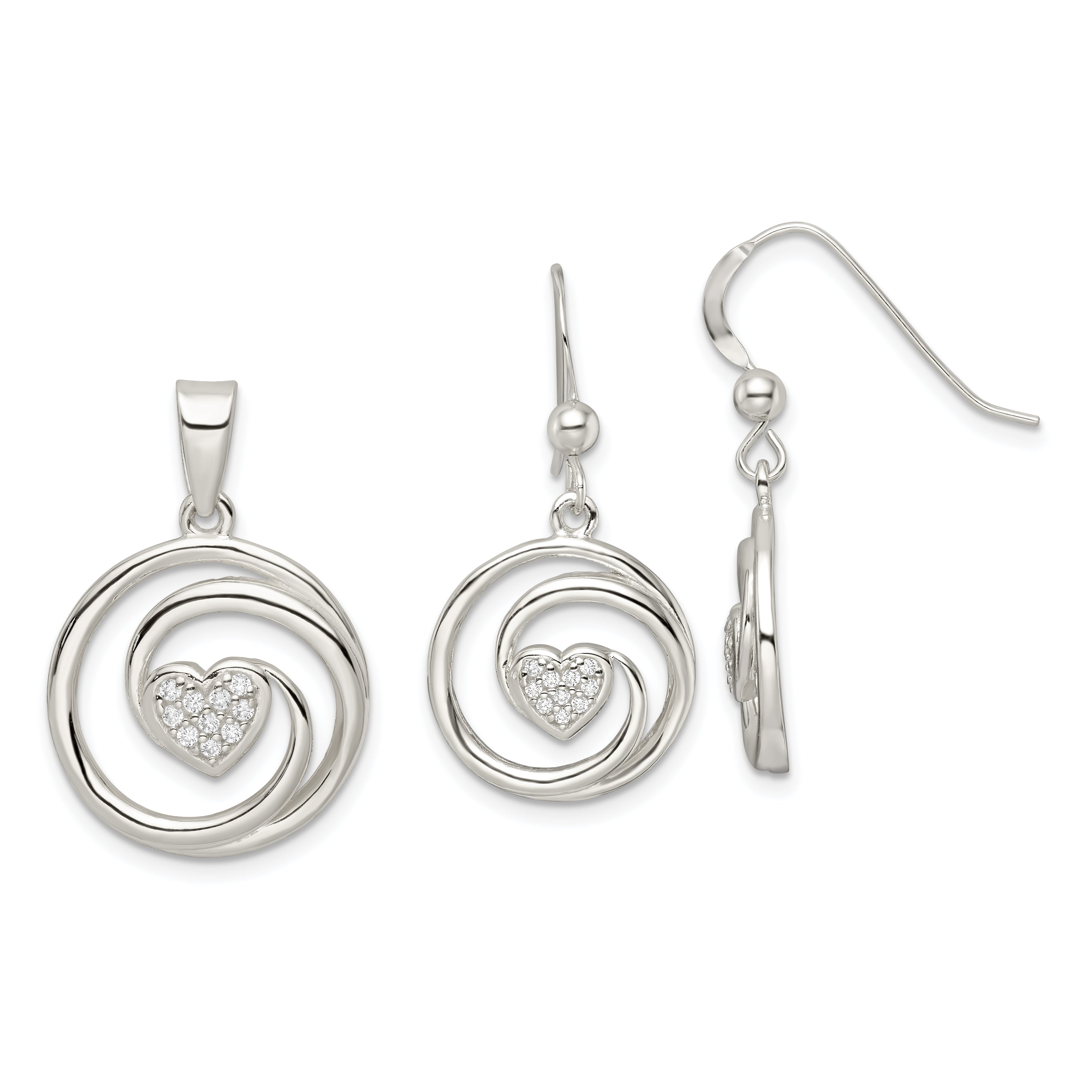 Sterling Silver Cz Heart In Circle Pendant And Earrings Set