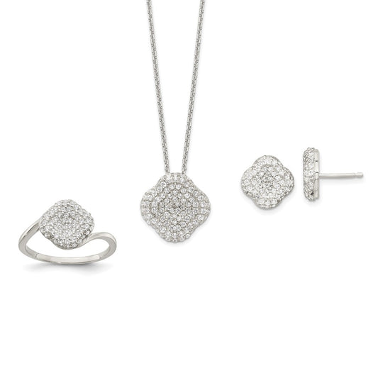 Sterling Silver 16In W/1.5 In Ext Cz Square Necklace/Earrings/Ring Set