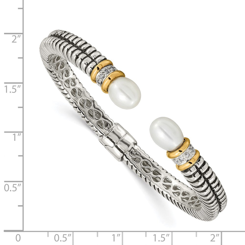14K/Silver Two-Tone Shey Couture Sterling Silver With 14K Accent Antiqued 10X7.5mm Freshwater Cultured Pearl And Diamond Hinged Cuff Bracelet