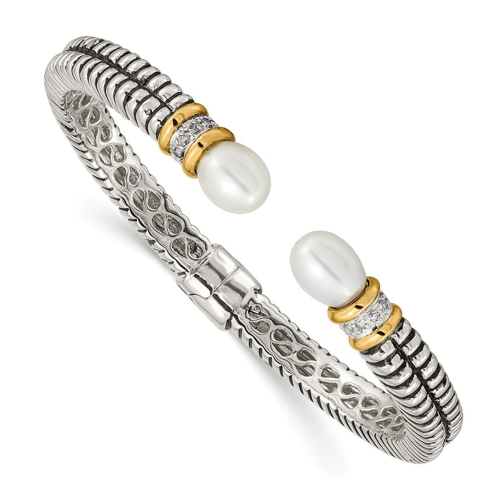 14K/Silver Two-Tone Shey Couture Sterling Silver With 14K Accent Antiqued 10X7.5mm Freshwater Cultured Pearl And Diamond Hinged Cuff Bracelet