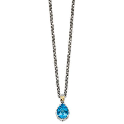 14K/Silver Two-Tone Shey Couture Sterling Silver Rhodium-Plated With 14K Accent 18 Inch Antiqued Pear Shaped Blue Topaz Necklace
