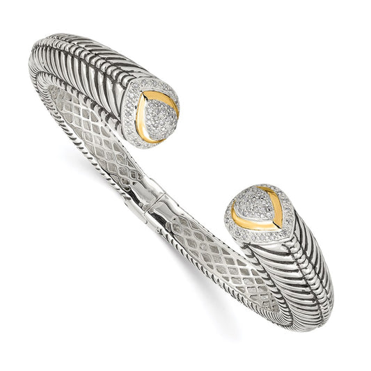 14K/Silver Two-Tone Shey Couture Sterling Silver With 14K Accent Antiqued 1/2 Carat Diamond Hinged Cuff Bracelet