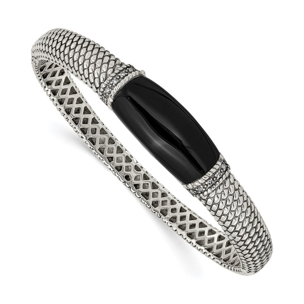 Sterling Silver Shey Couture Antiqued Black Onyx And Diamond Hinged Bangle Bracelet