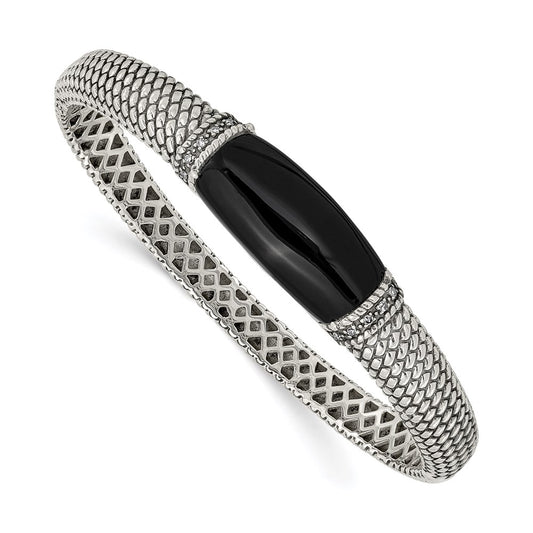 Sterling Silver Shey Couture Antiqued Black Onyx And Diamond Hinged Bangle Bracelet