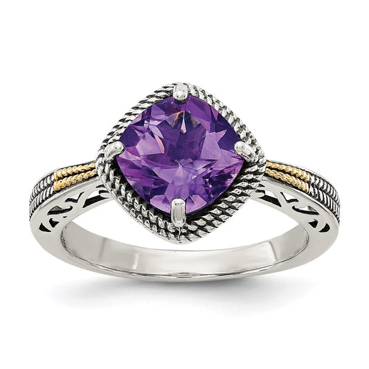 14K/Silver Two Tone Shey Couture Sterling Silver With 14K Accent Antiqued Cushion Amethyst Ring
