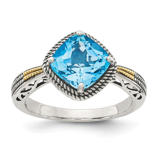14K/Silver Two Tone Shey Couture Sterling Silver With 14K Accent Antiqued Cushion Blue Topaz Ring