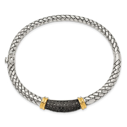 14K/Silver Two Tone Shey Couture Sterling Silver With 14K Accent Antiqued Black Diamond Hinged Bangle Bracelet