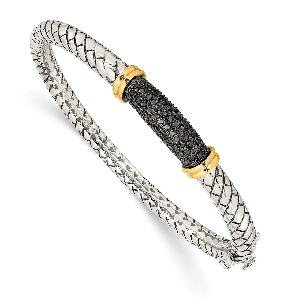 14K/Silver Two Tone Shey Couture Sterling Silver With 14K Accent Antiqued Black Diamond Hinged Bangle Bracelet