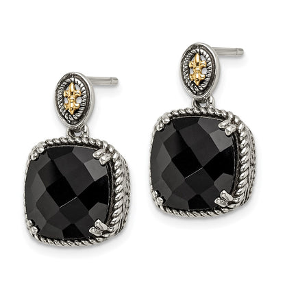 14K/Silver Two Tone Shey Couture Sterling Silver With 14K Accent Antiqued Checkerboard Cut Black Onyx Dangle Post Earrings