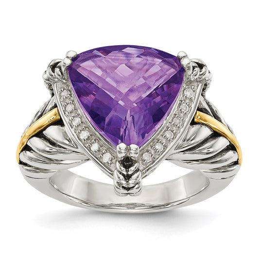 14K/Silver Two Tone Shey Couture Sterling Silver With 14K Accent Antiqued Trillion Amethyst And Diamond Ring