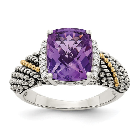 14K/Silver Two Tone Shey Couture Sterling Silver With 14K Accent Antiqued Diamond And Cushion Amethyst Ring
