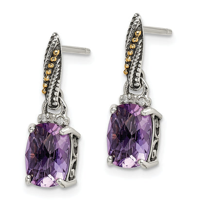 14K/Silver Two Tone Shey Couture Sterling Silver With 14K Accent Antiqued Diamond And Cushion Amethyst Dangle Post Earrings