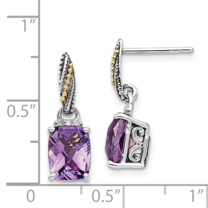 14K/Silver Two Tone Shey Couture Sterling Silver With 14K Accent Antiqued Diamond And Cushion Amethyst Dangle Post Earrings