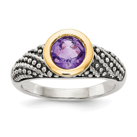 14K/Silver Two Tone Shey Couture Sterling Silver With 14K Accent Antiqued Round Bezel Amethyst Ring