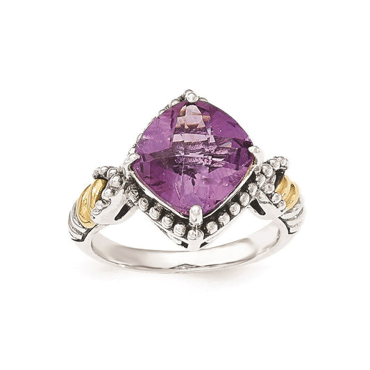 14K/Silver Two Tone Sterling Silver Amethyst Cushion Ring