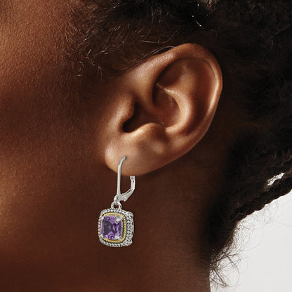 14K/Silver Two Tone Shey Couture Sterling Silver With 14K Accent Antiqued Cushion Amethyst Leverback Earrings