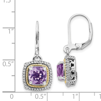 14K/Silver Two Tone Shey Couture Sterling Silver With 14K Accent Antiqued Cushion Amethyst Leverback Earrings