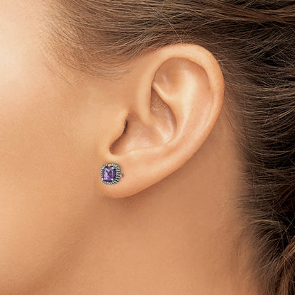 14K/Silver Two Tone Shey Couture Sterling Silver With 14K Accent Antiqued Cushion Cut Amethyst Post Earrings