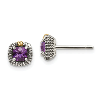14K/Silver Two Tone Shey Couture Sterling Silver With 14K Accent Antiqued Cushion Cut Amethyst Post Earrings