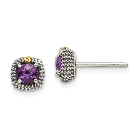 14K/Silver Two Tone Shey Couture Sterling Silver With 14K Accent Antiqued Cushion Cut Amethyst Post Earrings