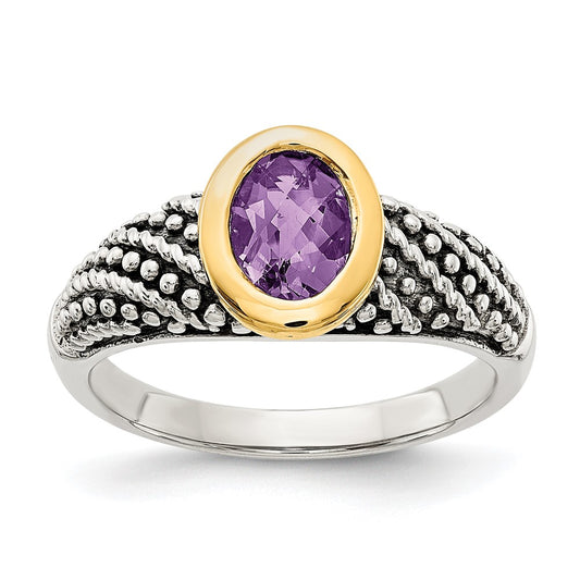 14K/Silver Two Tone Shey Couture Sterling Silver With 14K Accent Antiqued Oval Bezel Amethyst Ring