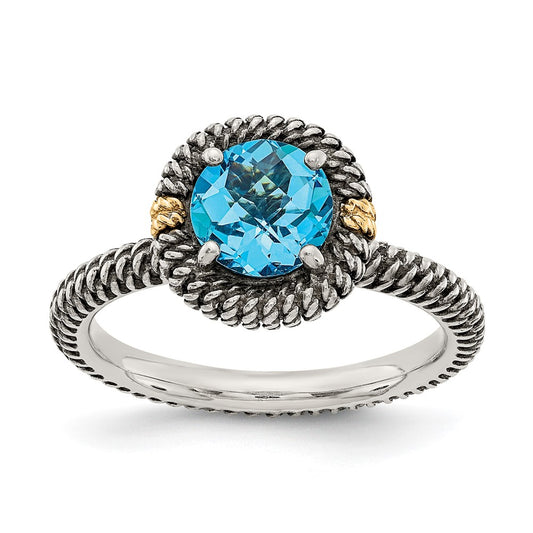 14K/Silver Two Tone Shey Couture Sterling Silver With 14K Accent Antiqued Round Blue Topaz Ring
