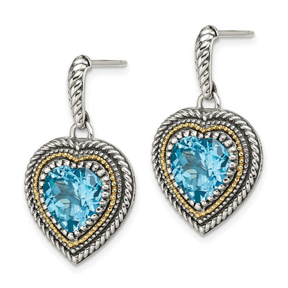 14K/Silver Two Tone Shey Couture Sterling Silver With 14K Accent Antiqued Light Swiss Blue Topaz Heart Dangle Post Earrings