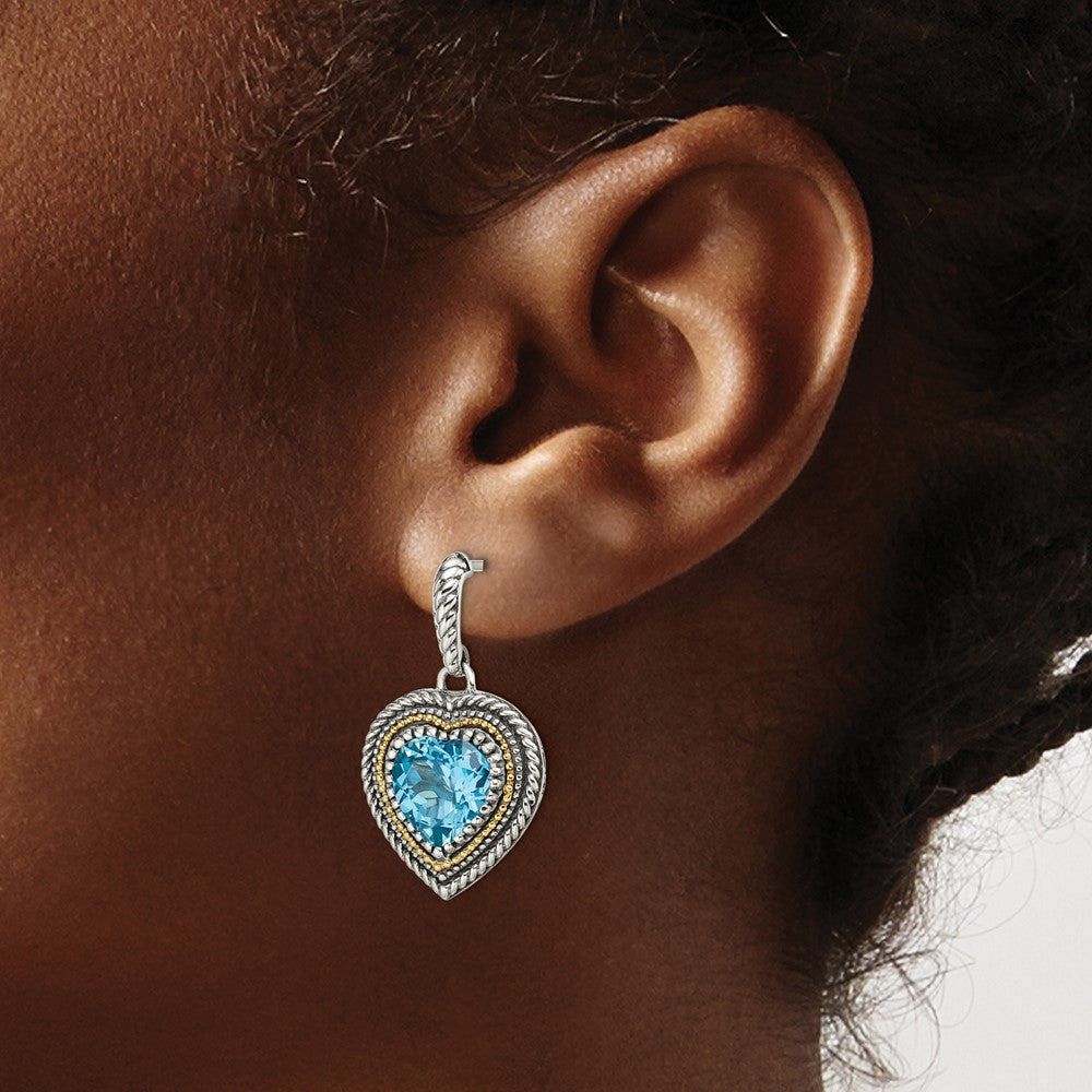 14K/Silver Two Tone Shey Couture Sterling Silver With 14K Accent Antiqued Light Swiss Blue Topaz Heart Dangle Post Earrings