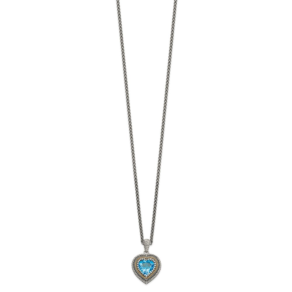 14K/Silver Two Tone Shey Couture Sterling Silver With 14K Accent 18 Inch Antiqued Light Swiss Blue Topaz Heart Necklace