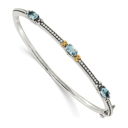 14K/Silver Two Tone Shey Couture Sterling Silver With 14K Accent Antiqued Oval Sky Blue Topaz Bangle