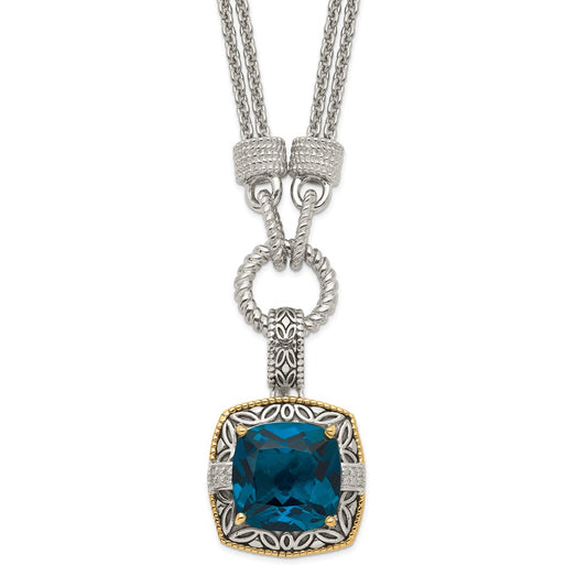 14K/Silver Two Tone Shey Couture Sterling Silver With 14K Accent 17 Inch Antiqued Cushion London Blue Topaz And Diamond Plus 1In. Ext. Necklace
