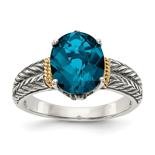 14K/Silver Two Tone Shey Couture Sterling Silver With 14K Accent Antiqued Oval London Blue Topaz Ring