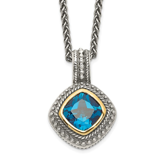 14K/Silver Two Tone Shey Couture Sterling Silver With 14K Accent 18 Inch Antiqued Cushion Bezel London Blue Topaz Necklace