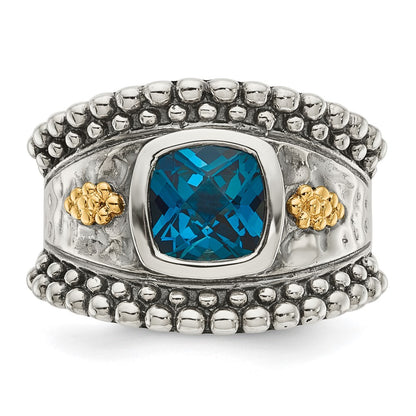 14K/Silver Two Tone Shey Couture Sterling Silver With 14K Accent Antiqued Checkerboard Cushion London Blue Topaz Ring