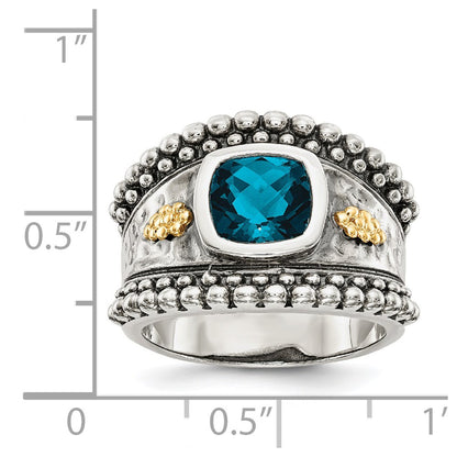 14K/Silver Two Tone Shey Couture Sterling Silver With 14K Accent Antiqued Checkerboard Cushion London Blue Topaz Ring